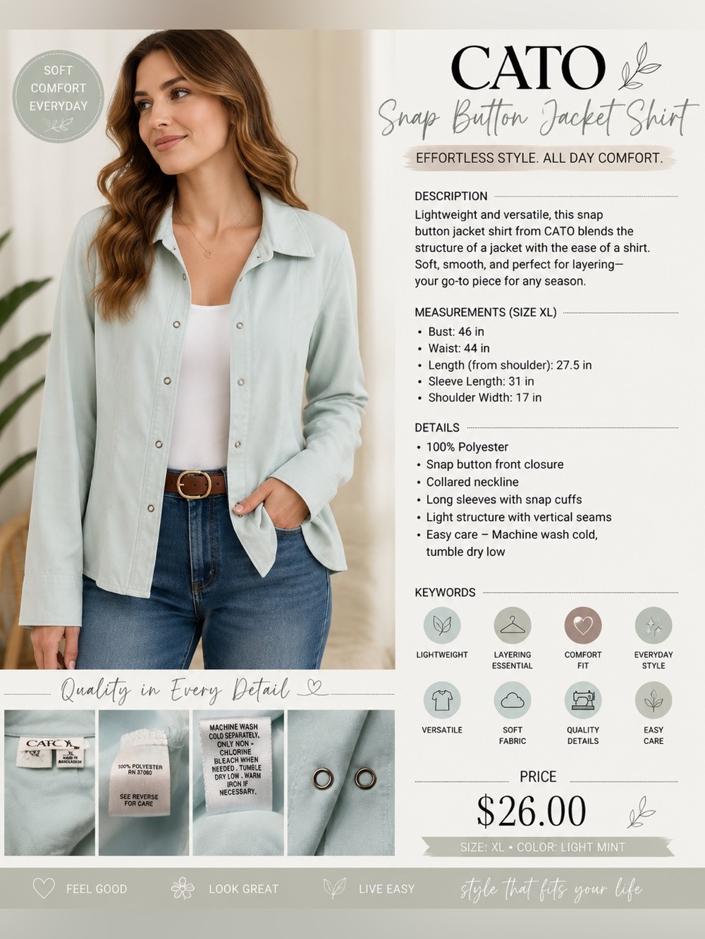 Cato Light Green Button-Front Women's Shirt Jacket
